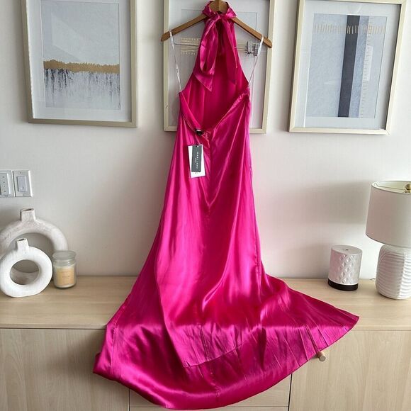 Marciano Guess 100% Silk Dress Womens 10 Maxi Gown Fuchsia Pink Halter Open Back - Picture 7 of 13